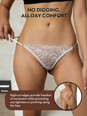 White lace mulberry silk thong with adjustable G-string, shown on a model for all-day comfort.