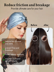 Light blue mulberry silk turban for sleeping, knot-front design. Shows hair before and after use.