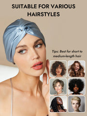 Light blue mulberry silk turban for sleeping, knot-front hair wrap, suitable for various hairstyles.