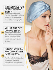 Light blue mulberry silk turban with knot-front design on a woman, ideal for sleeping and hair care.