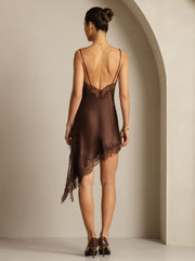 Brown mulberry silk slip dress with lace trim and asymmetrical hem.