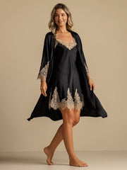 Black mulberry silk V-neck nightgown & robe set with lace design, worn by a woman.