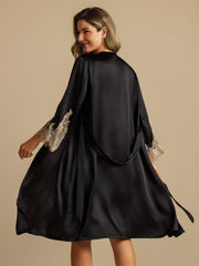 Black mulberry silk robe with lace trim on sleeves, tied at waist.
