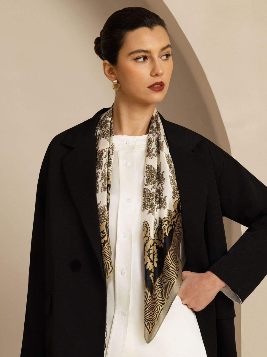 Mulberry silk vintage-inspired pattern square scarf, 90x90cm, worn with a black blazer.
