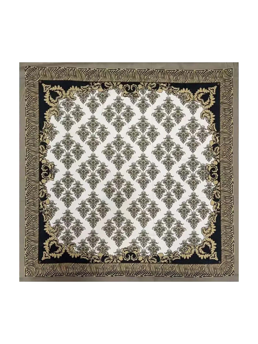 Mulberry silk square scarf, vintage-inspired pattern with black, white, and gold damask design.