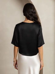 Women's black mulberry silk short sleeve boxy crop top.