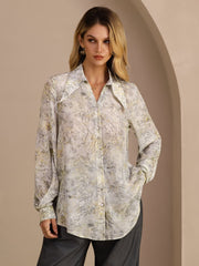 Women's Sage Blossom mulberry silk long sleeve blouse with lapel collar and printed floral design.