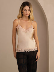 Women's champagne mulberry silk camisole top with V-neck and pink lace trim.