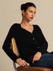 Women's black mulberry silk V-neck long sleeve cardigan with buttons.