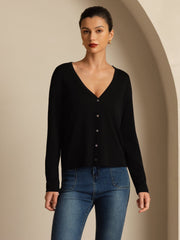 Women's black 100% mulberry silk V-neck long sleeve basic cardigan with front buttons.