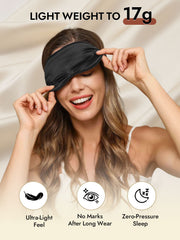 Woman wearing a black 19 momme pure mulberry silk sleep eye mask with an elastic band.