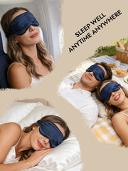 Navy blue mulberry silk sleep eye mask with elastic band worn by a woman on a plane, a couple picnicking, and a woman in bed.