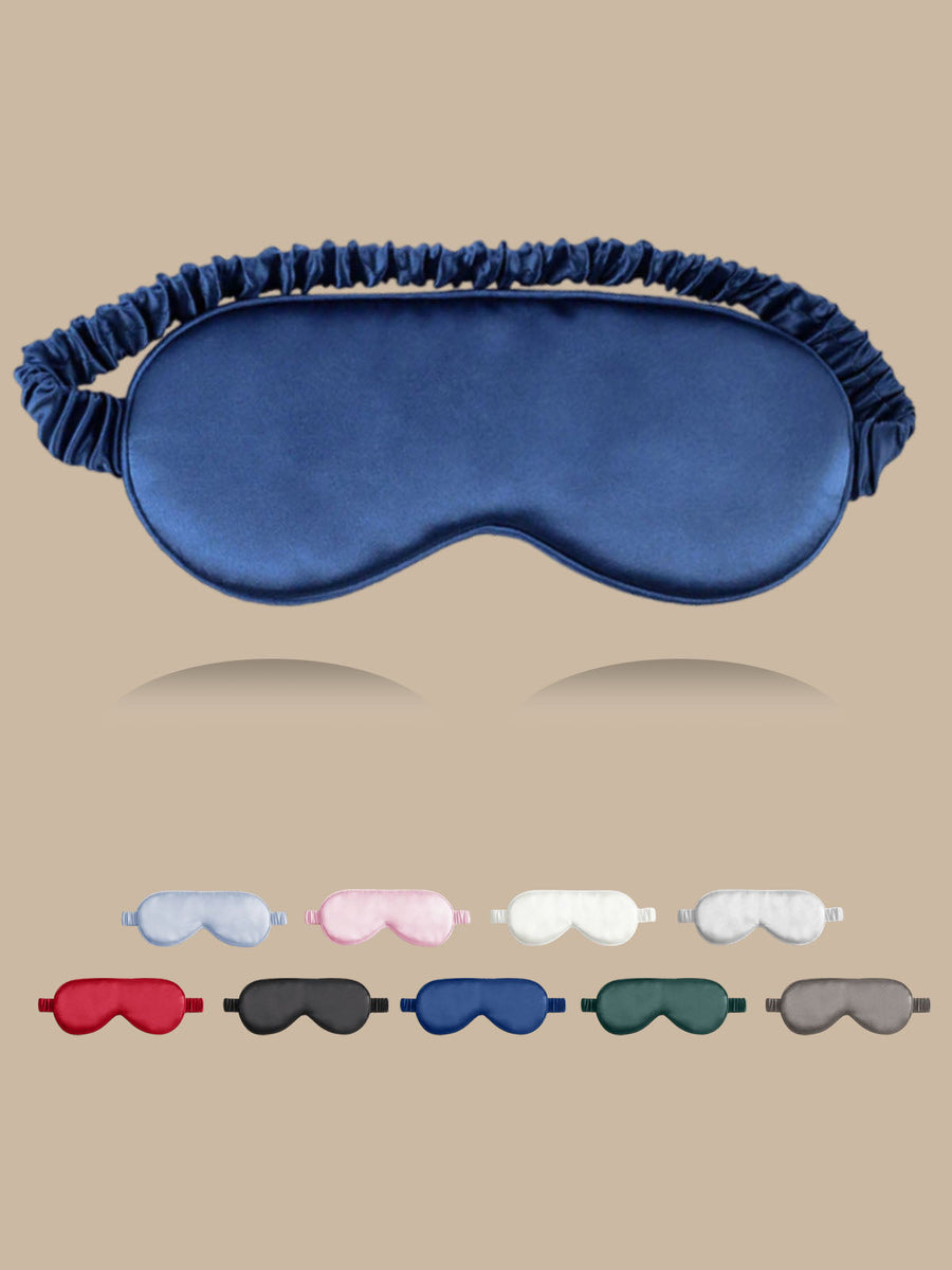 Dark blue 19 Momme pure mulberry silk sleep eye mask with elastic band.