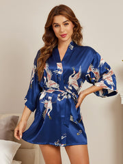 Women's navy blue 100% mulberry silk kimono robe with crane print and 3/4 sleeves.