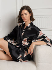 Women's black 100% mulberry silk kimono robe with crane print and 3/4 sleeves.