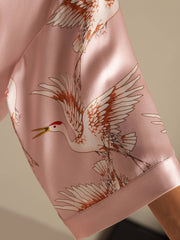 Pink 19Momme mulberry silk kimono robe with elegant crane print and 3/4 sleeve.