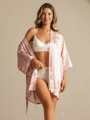 Women's pink 19Momme mulberry silk kimono robe with crane print and 3/4 sleeves.