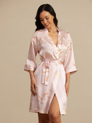 Pink 19Momme mulberry silk crane print belted wrap women's kimono robe.