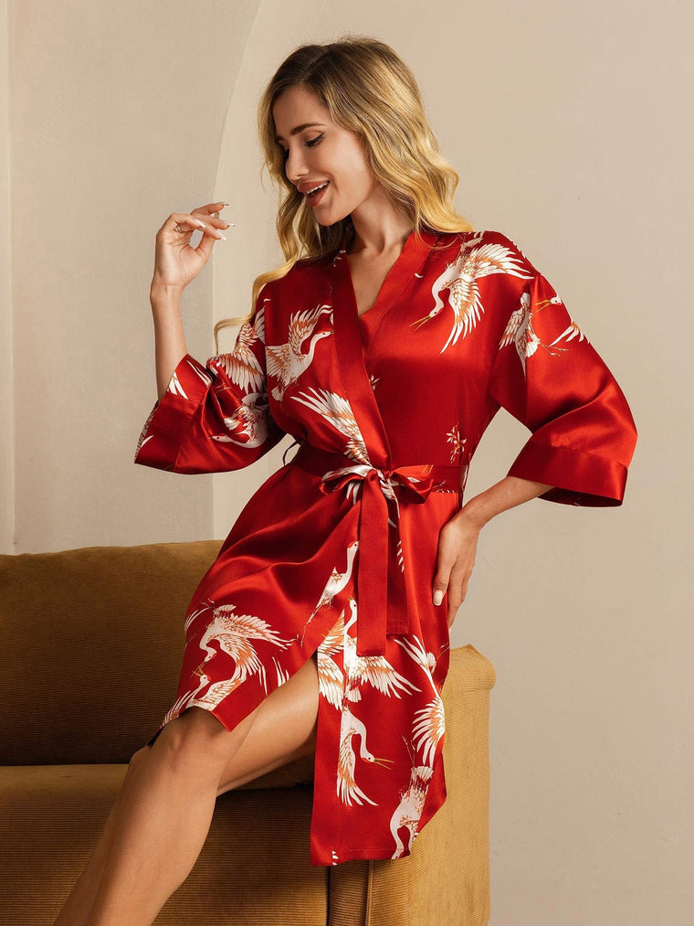 Dark Red 19Momme Mulberry Silk Crane Print Belted Wrap Women's Kimono Robe.