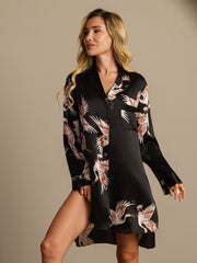Women's black mulberry silk crane print nightshirt with high-low hem.