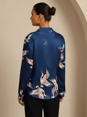 Women's 19Momme mulberry silk long sleeve blouse in navy with white crane print and lapel collar.