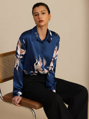 Dark blue 19Momme mulberry silk long sleeve lapel collar women's blouse with crane print.