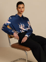 Women's navy mulberry silk long sleeve blouse with crane print and lapel collar.