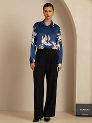Women's 19Momme mulberry silk long sleeve lapel collar blouse in blue with crane print.