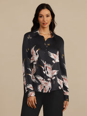 Women's black 19Momme mulberry silk long sleeve blouse with lapel collar and crane print.
