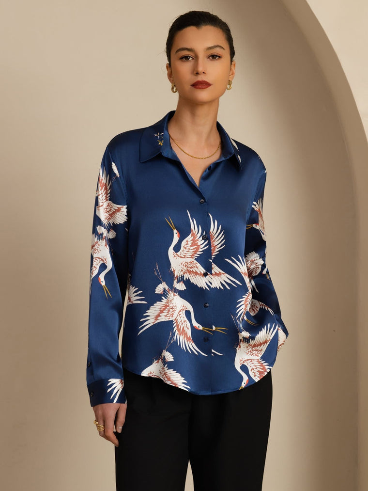 Women's 19Momme mulberry silk blouse in blue with white and red crane print, long sleeves, and lapel collar.