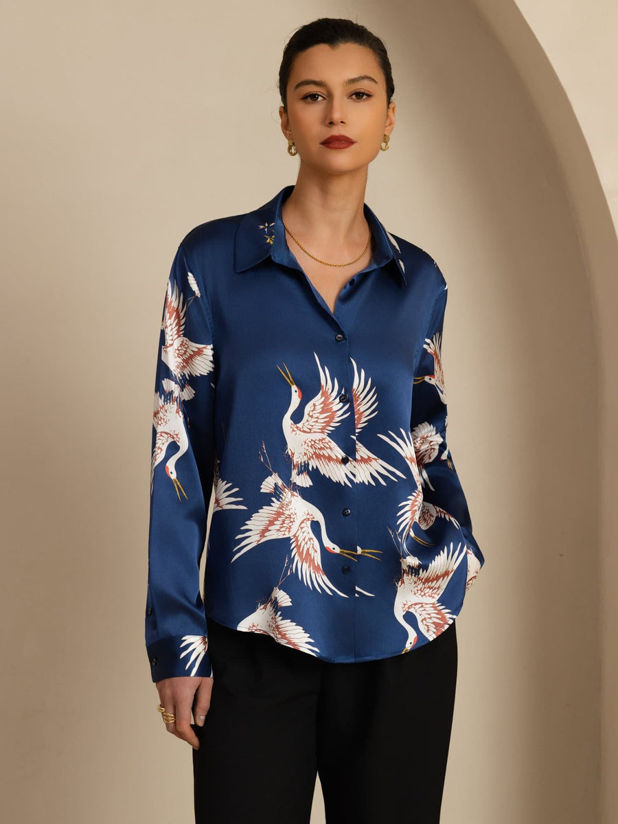 Women's 19Momme mulberry silk blouse in blue with white and red crane print, long sleeves, and lapel collar.