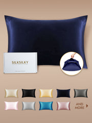 Dark blue 19 Momme mulberry silk pillowcase with envelope closure, shown with packaging and color swatches.