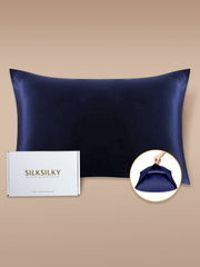 Navy 19 Momme mulberry silk pillowcase with envelope closure, shown with white gift box.