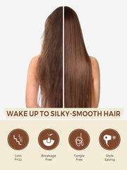 Before and after image showing how a silk pillowcase transforms frizzy hair into smooth, tangle-free hair.