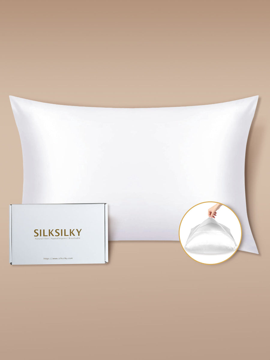 White 19 Momme mulberry silk pillowcase with envelope closure and gift box.