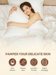 Woman sleeping peacefully on a white mulberry silk pillowcase, highlighting skin benefits.