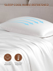 White 19 Momme mulberry silk pillowcase with envelope closure, showing breathable and temperature regulation features.