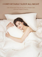 Woman sleeping peacefully on a white 19 Momme mulberry silk pillowcase with an envelope closure.