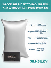 White 19 Momme 100% Mulberry silk pillowcase with a hidden zipper, beside a black product box.