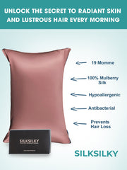 Rose gold 19 Momme 100% Mulberry silk pillowcase with hidden zipper and black gift box.