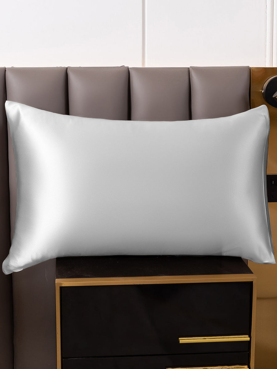 Silver 19 Momme 100% Mulberry Silk Toddler Pillowcase with hidden zipper, on a nightstand.