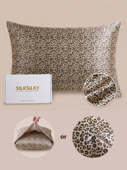 Leopard print 19 Momme mulberry silk pillowcase with envelope closure, shown with packaging and detail views.