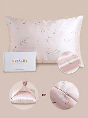 Snowbud Lily 19 Momme mulberry silk pillowcase with delicate floral pattern and envelope or zipper closure.