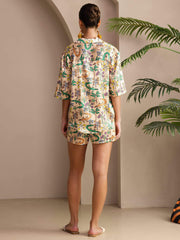 Women's 19Momme mulberry silk pajama set with crocodile print, short sleeve button-up top, and shorts.