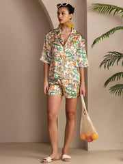 Women's 19Momme mulberry silk pajama set with short sleeve button-up top and shorts, featuring a colorful crocodile print.