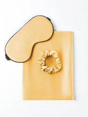 Gold 19Momme mulberry silk beauty sleep set with envelope pillowcase, eye mask, and scrunchie.
