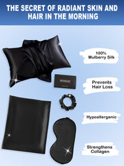 Black 19 Momme mulberry silk beauty sleep set with envelope pillowcase, eye mask, and scrunchie.