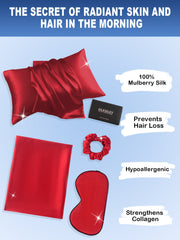 Red 19 Momme mulberry silk 3-piece beauty sleep set with envelope pillowcase, eye mask, and scrunchie.