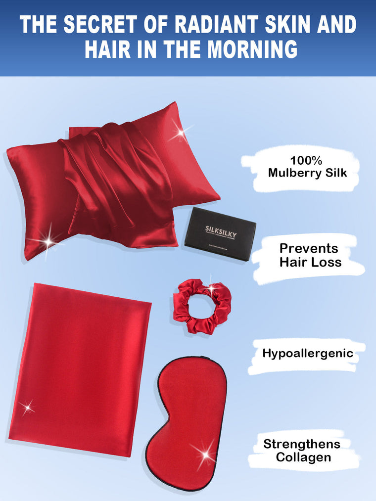 Red 19 Momme mulberry silk 3-piece beauty sleep set with envelope pillowcase, eye mask, and scrunchie.
