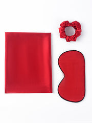 Red 19Momme mulberry silk beauty sleep set: envelope pillowcase, eye mask, and scrunchie.